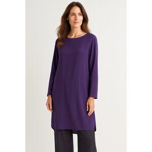 EILEEN FISHER dress shift sheath purple PM 100% silk lagenlook boat neck pockets